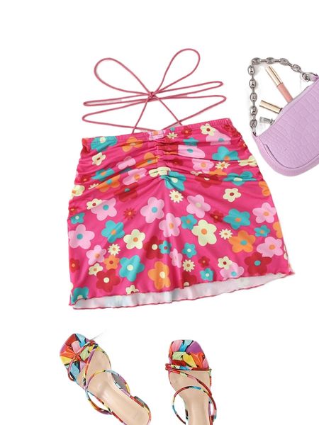 

lace up floral print skirt v6kv#, Black