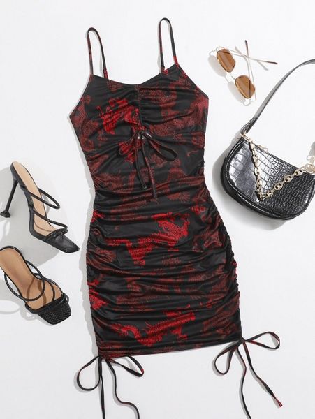 

drawstring side chinese dragon print dress c3lv#, Black;gray