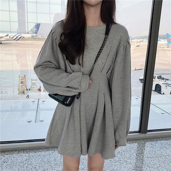 

woman dress autumn arrival korean style waist slim fashion folds bat sleeve student long dress female 220721, Black;gray