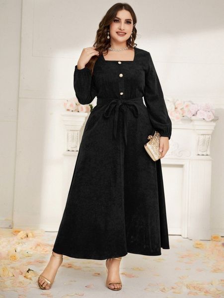 

plus square neck bishop sleeve belted suede dress 15kz#, Black