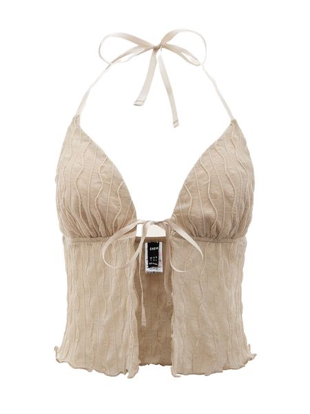 

tie front textured halter o3ax#, White