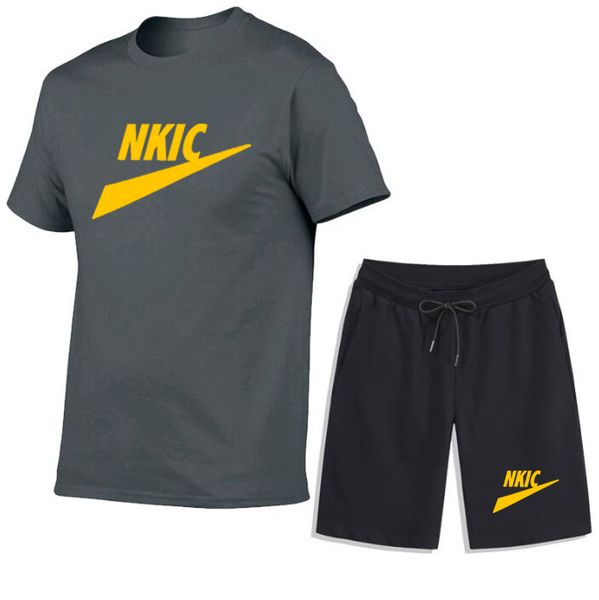 

summer mens sports tracksuit suit cotton black t-shirt sportswear clothes 2 piece sets men brand logo printing short sleeved streetwear, Gray