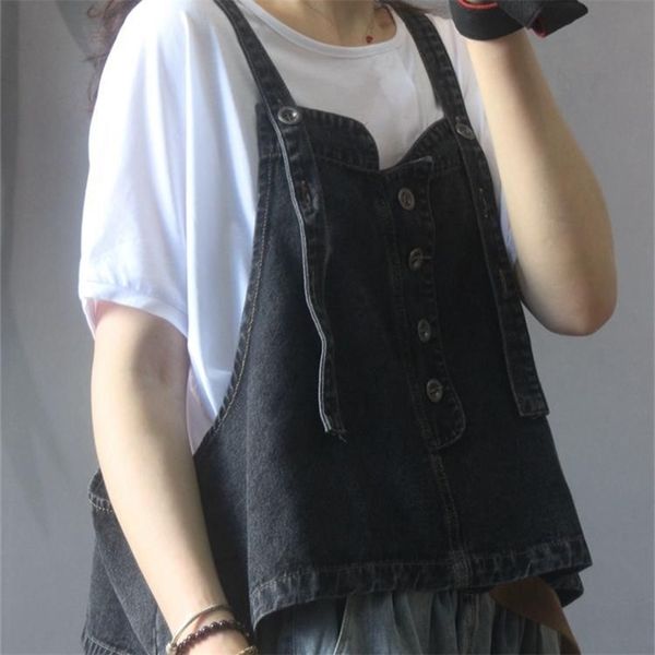 

korean denim short suspender ladies cowboy vest with vneck sleeveless vintage summer style streetwear oversized l220812, Black;white