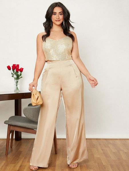 

plus zip back sequin cami & pants b1jm#, Black