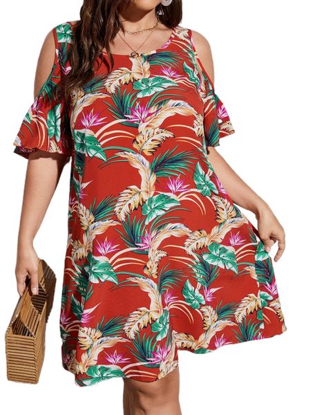 

plus tropical print cold shoulder dress j2x4#, Black