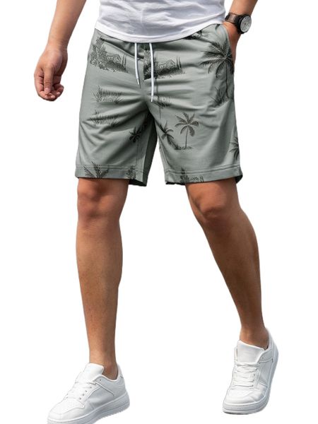 

men house & palm tree print drawstring waist shorts z6x3#, White;black