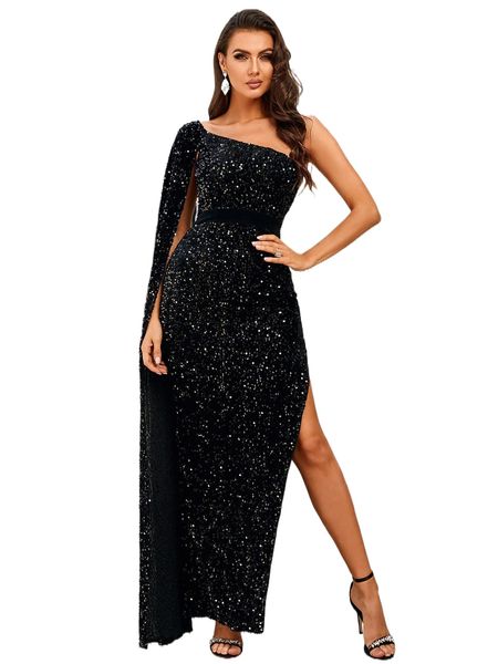

missord one shoulder cloak sleeve split thigh sequins prom dress v0zo#, Black;gray