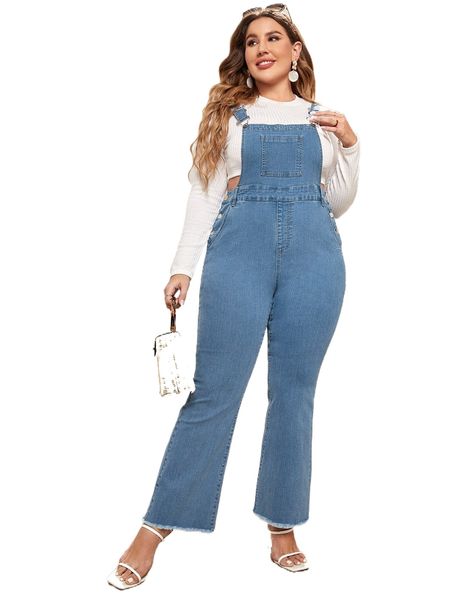 

plus raw trim flare leg denim overalls without tee 858o#, Black;white