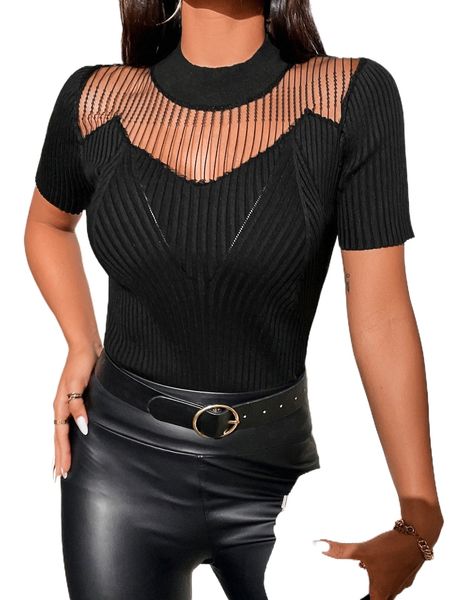 

hollow out mock neck ribbed knit f2fz#, White;black