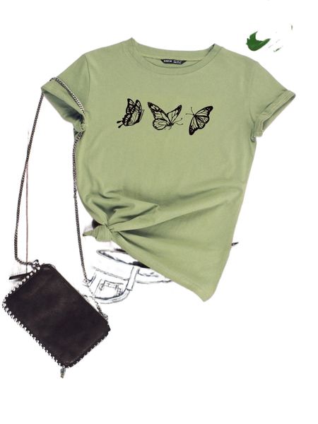 

butterfly print round neck tee d06z#, White