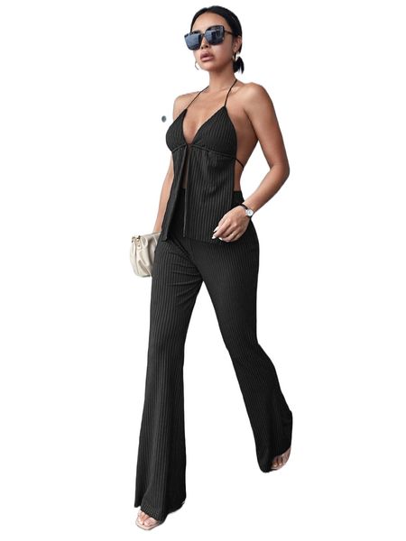 

split front tie backless halter & flare leg pants p4zb#, White