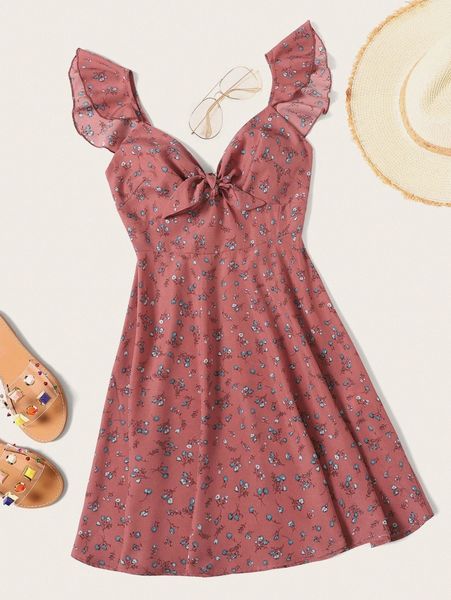 

ditsy floral knot neck ruffle trim dress v6qx#, Black;gray