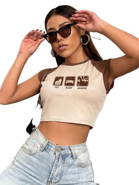 

colorblock & cartoon graphic crop t-shirt v37d#, White