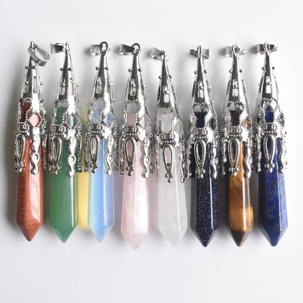 

pendant necklaces retro natural gem stone pendulum for divination wicca birthstone quartzs opal lapis lazuli pendants wholesale 8pcs/lot, Silver