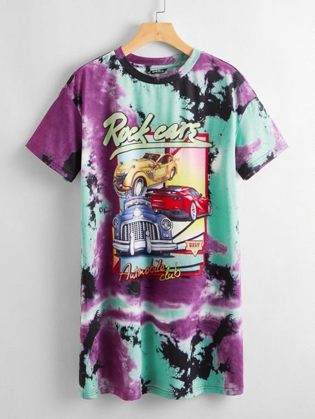 

letter and car print tie dye tee dress z3ka#, Black;gray