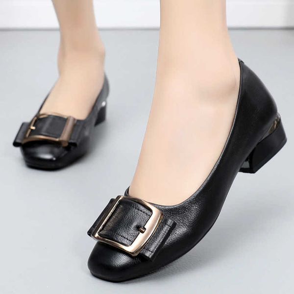 

paris classic luxury brand shoes thick heel ladies pumps genuine leather round head fashion buckle square heels party handmade women designe, Black