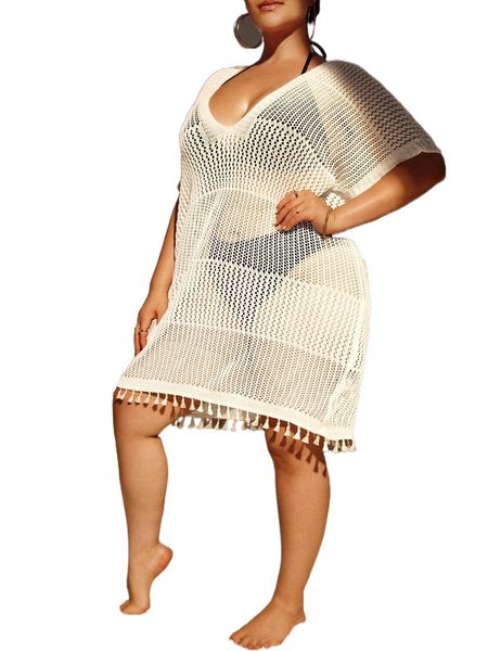 

plus batwing sleeve tassel trim cover up dress without bikini 68t7#, Black