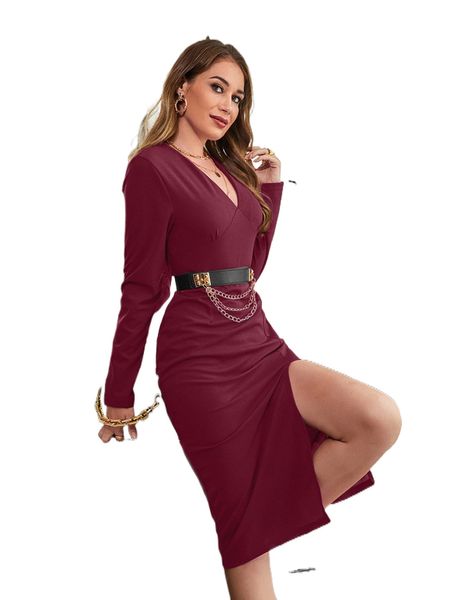 

slit thigh fitted dress without belt q07g#, Black;gray
