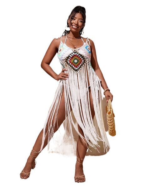 

plus fringe crochet cover up h9dt#, Black