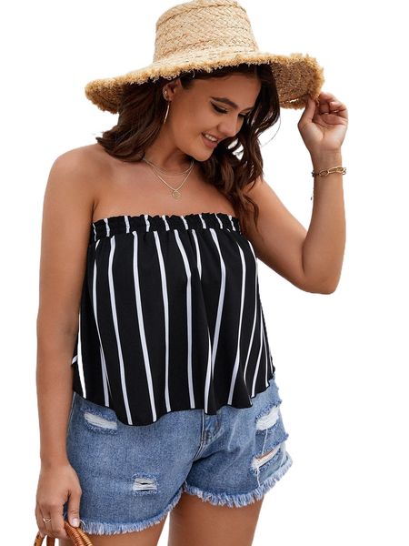 

plus striped print shirred tube 88yy#, Black