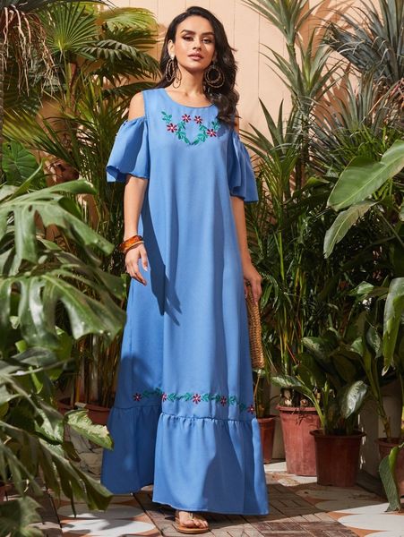 

floral embroidered cold shoulder dress p23m#, Black;gray