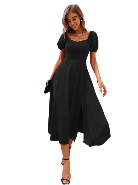 

puff sleeve sweetheart neck split thigh dress 95ck#, Black;gray