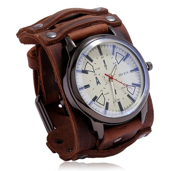 

genuine leather pointer watch for men bracelets women male bangles wide belt strap punk vintage retro boho gift jewelry 220622, Slivery;brown
