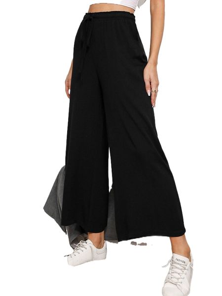 

elastic waist wide leg crop pants j3ur#, Black;white