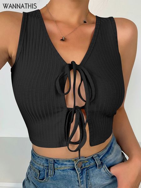 

sleeveless lace up v-neck crop women solid ribbed slim black summer tank fashion streetwear hollow out cropped top, White