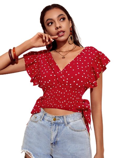 

polka dot butterfly sleeve shirred knot side crop blouse q0rz#, White