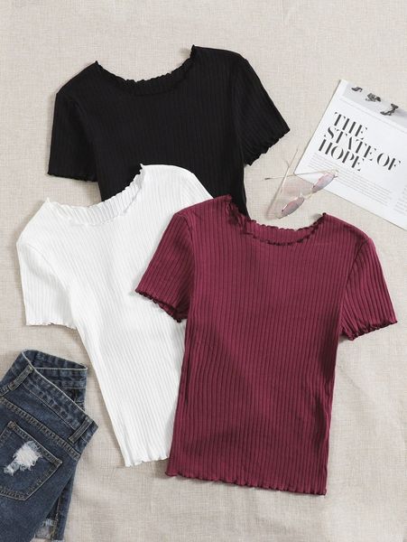 

3pcs lettuce trim ribbed knit tee z6st#, White