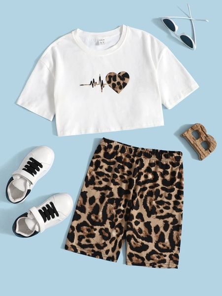 

girls heart & leopard print tee & biker shorts set she, White