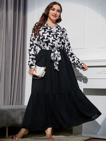 

plus geo print ruffle hem belted dress n13t#, Black
