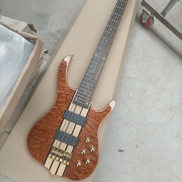 

5 strings brown electric bass guitar with active pickups rosewood fretboard