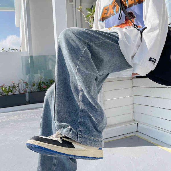 

2022 spring autumn casual straight men's jeans streetwear solid color denim casual pants for man t220726, Blue