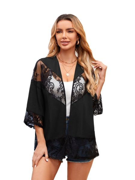 

emery rose contrast lace open front kimono without camisole 38tx#, White;black