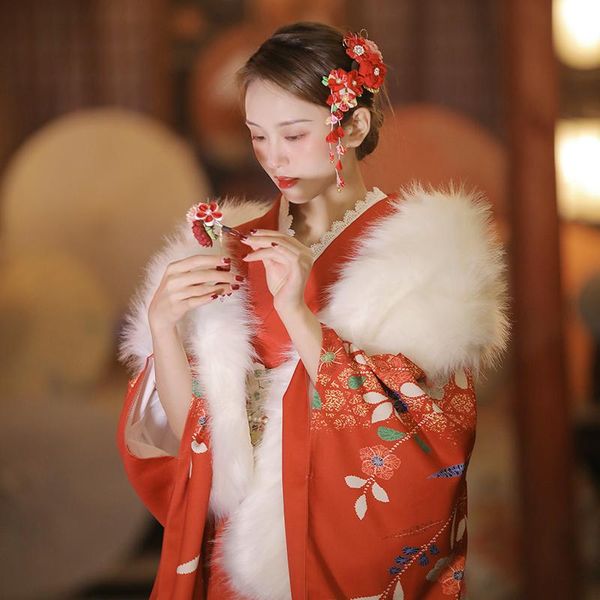 Ethnische Kleidung Japanische traditionelle Frauen Kimono Retro Langarm formale Yukata rote Farbe Schmetterling Drucke Pografie Kleid Cosplay KostümE