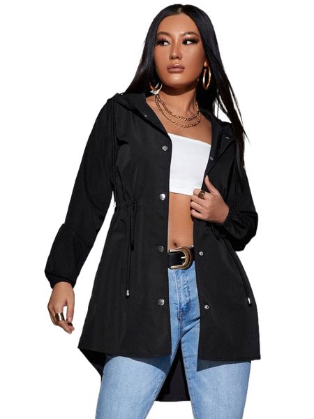 

sxy solid drawstring waist hooded coat 48be#, Black