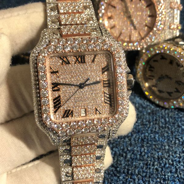 

2022 new version moissanite stones watches rose gold&silver pass test mens diamond mechanical eta movement luxury full iced out 2-tone shiny, Slivery;brown