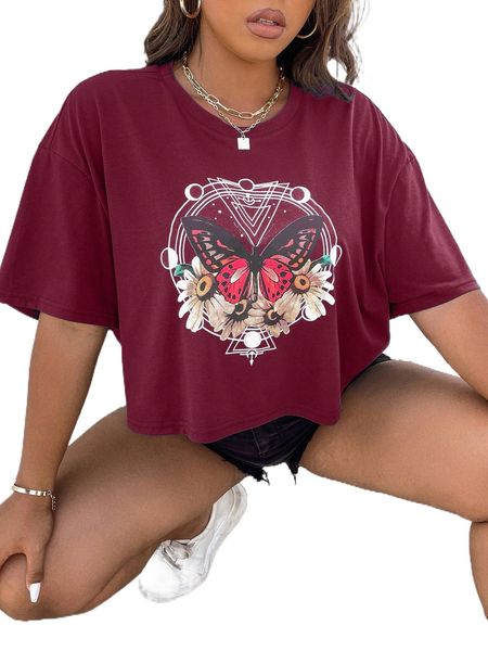 

plus floral & butterfly print tee 39vo#, Black