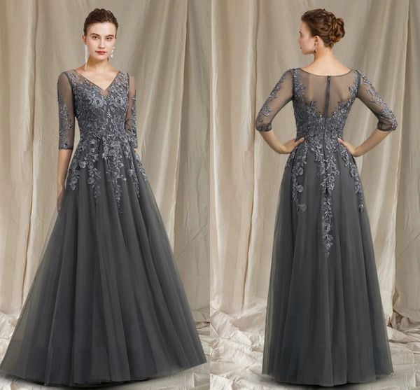 

a-line gray long mother of the bride dresses 2022 elegant v neck floor length tulle lace half sleeve with appliques guest party gowns robe d, Black;red