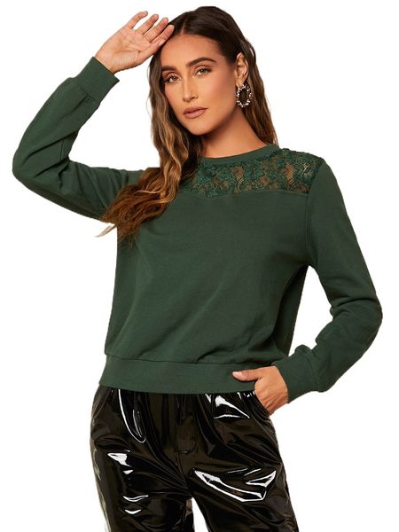 

solid lace insert sweatshirt j7x0#, Black
