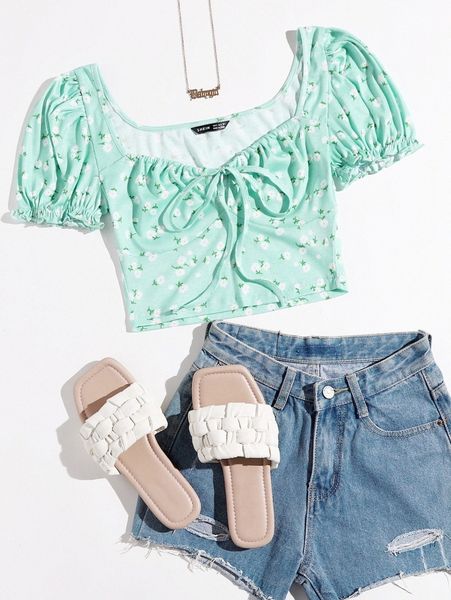 

puff sleeve tie front ditsy floral 41jn#, White