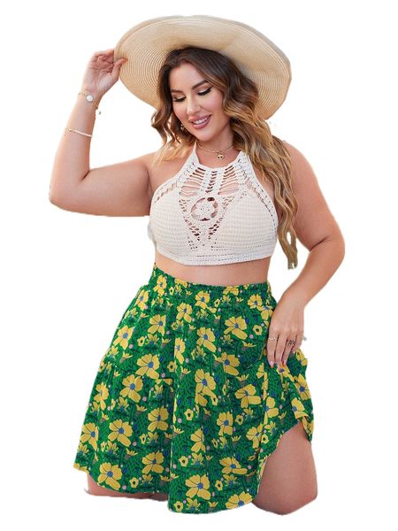 

plus floral print paperbag waist ruffle hem skirt h0mv#, Black