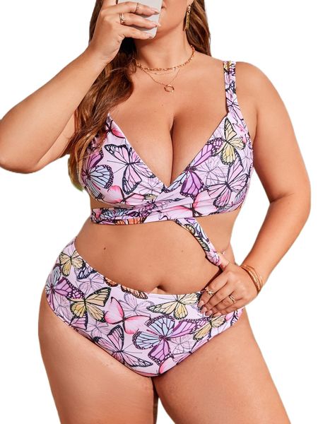 

plus butterfly print wrap bikini swimsuit q7ta#, White;black