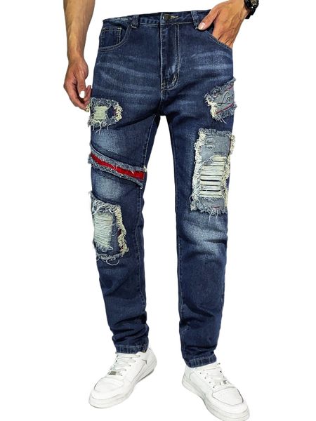 

men colorblock ripped jeans m3xo#, Blue
