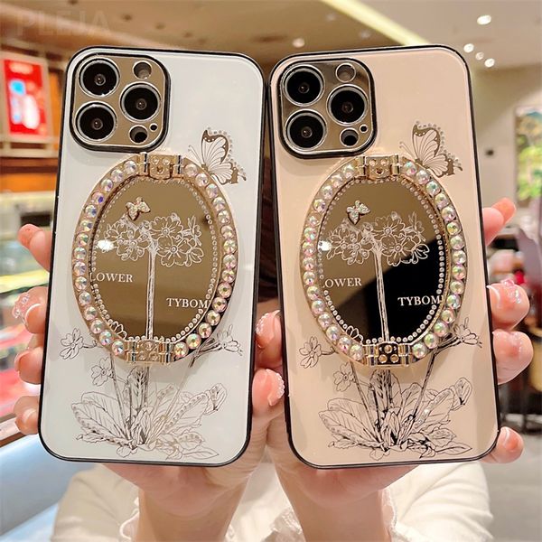 Caso de telefone de luxo pérola espelho flor suporte titular para novo iphone 15 14 13 12 7 8 plus xs max capa à prova de choque bonito árvore capa traseira meninas