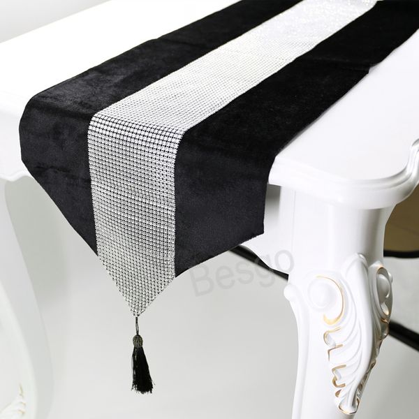 Corredor de mesa de diamante de flanela com borla Toalhas de mesa de hotel de primeira qualidade Decoração de mesa de Natal Toalha de mesa para casa Camino De Mesa De Franela Con Diamantes