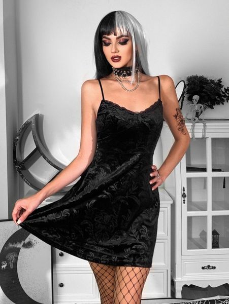 

jacquard lace trim velvet dress t4ti#, Black;gray