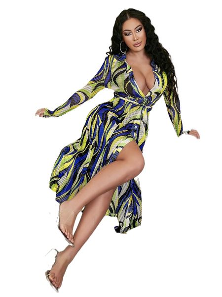 

glamaker allover print belted shirt dress f9l6#, Black;gray